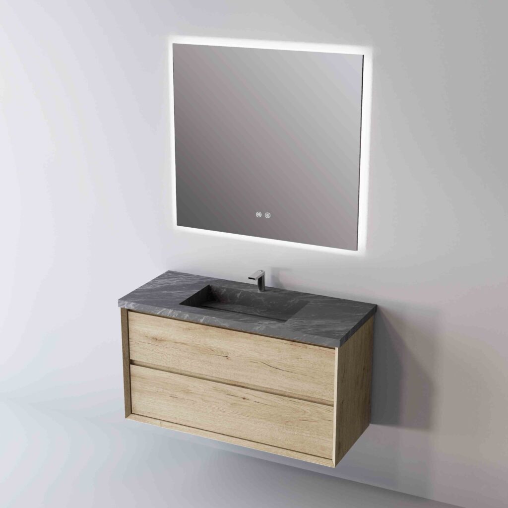 wall hung vanity unit in oak with black solid top basin, buy vanity units online from at Home Bathrooms. 