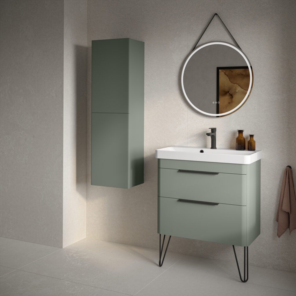 sage green vanity unit and tall unit from At Home Bathrooms